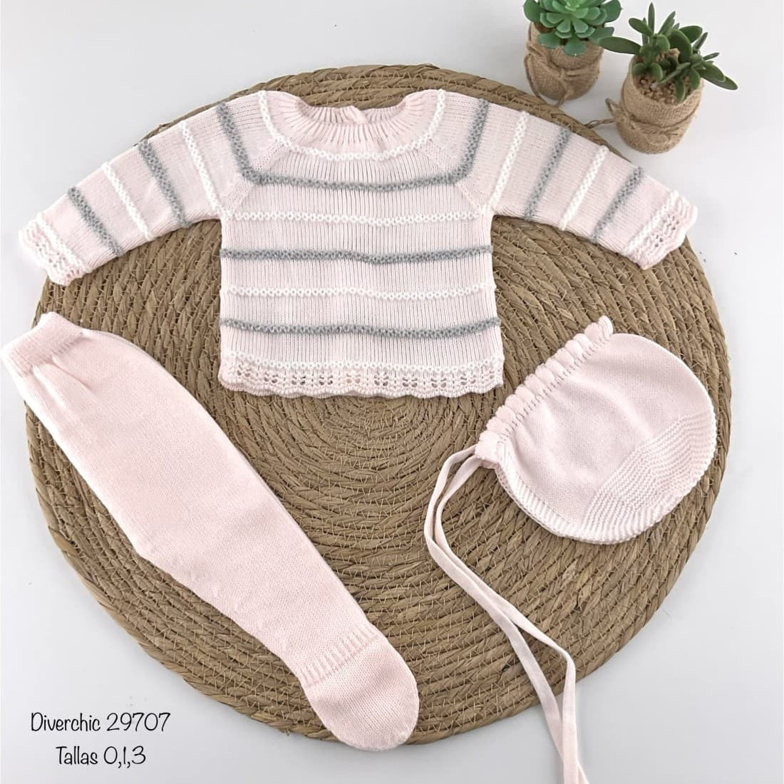 Conjunto bebé primera puesta de lana 29707 Diverchic Rosa rayas