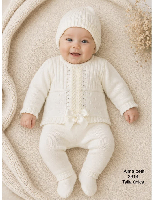 Conjunto primera puesta para bebé de lana 3314 Crudo Alma Petit encaje