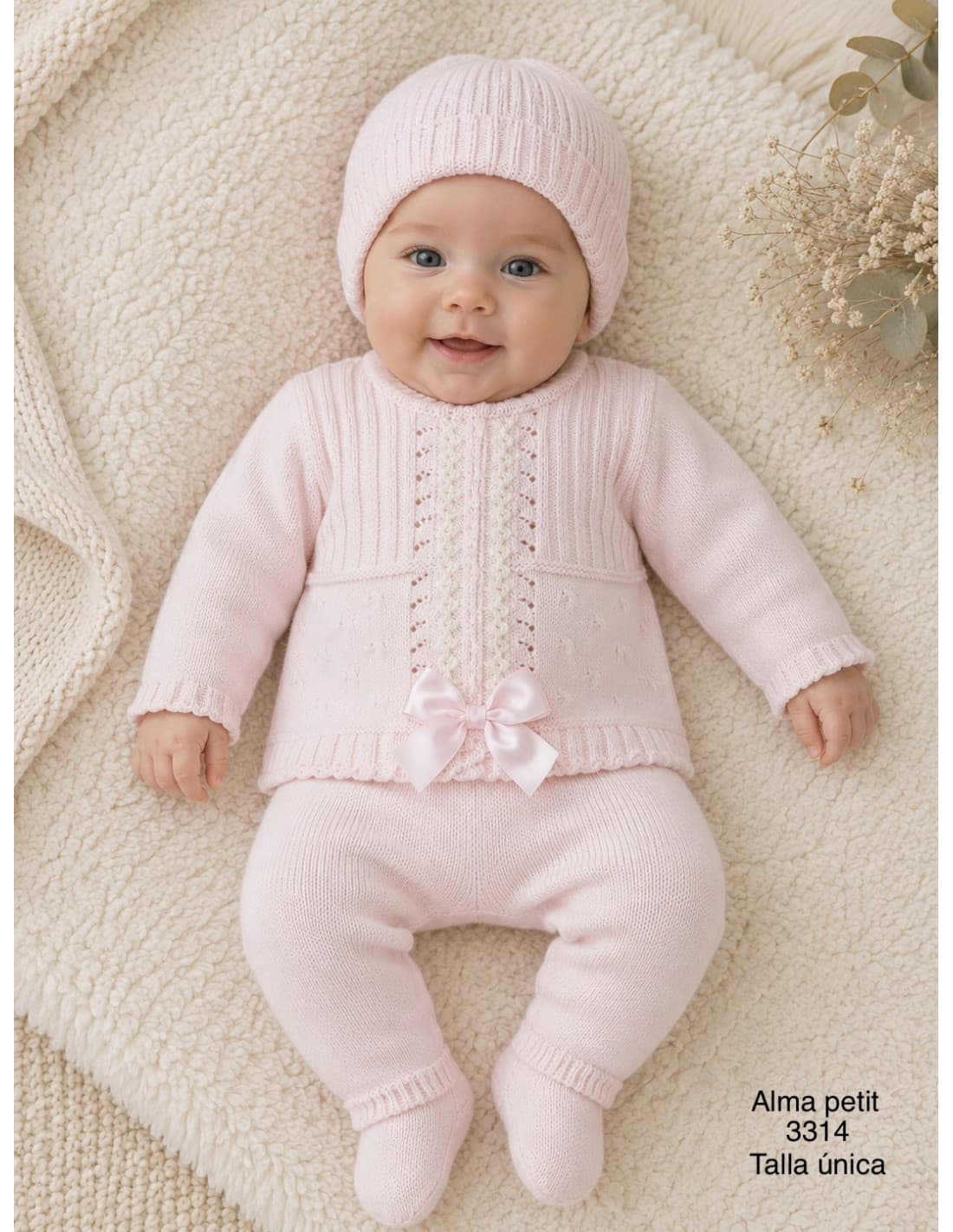 Conjunto de primeiro roupinha de lã para bebé 3314 Rosa Alma Petit renda