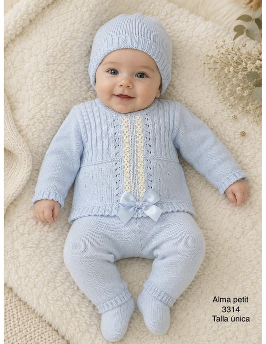 Conjunto primera puesta para bebé de lana 3314 Celeste Alma Petit encaje