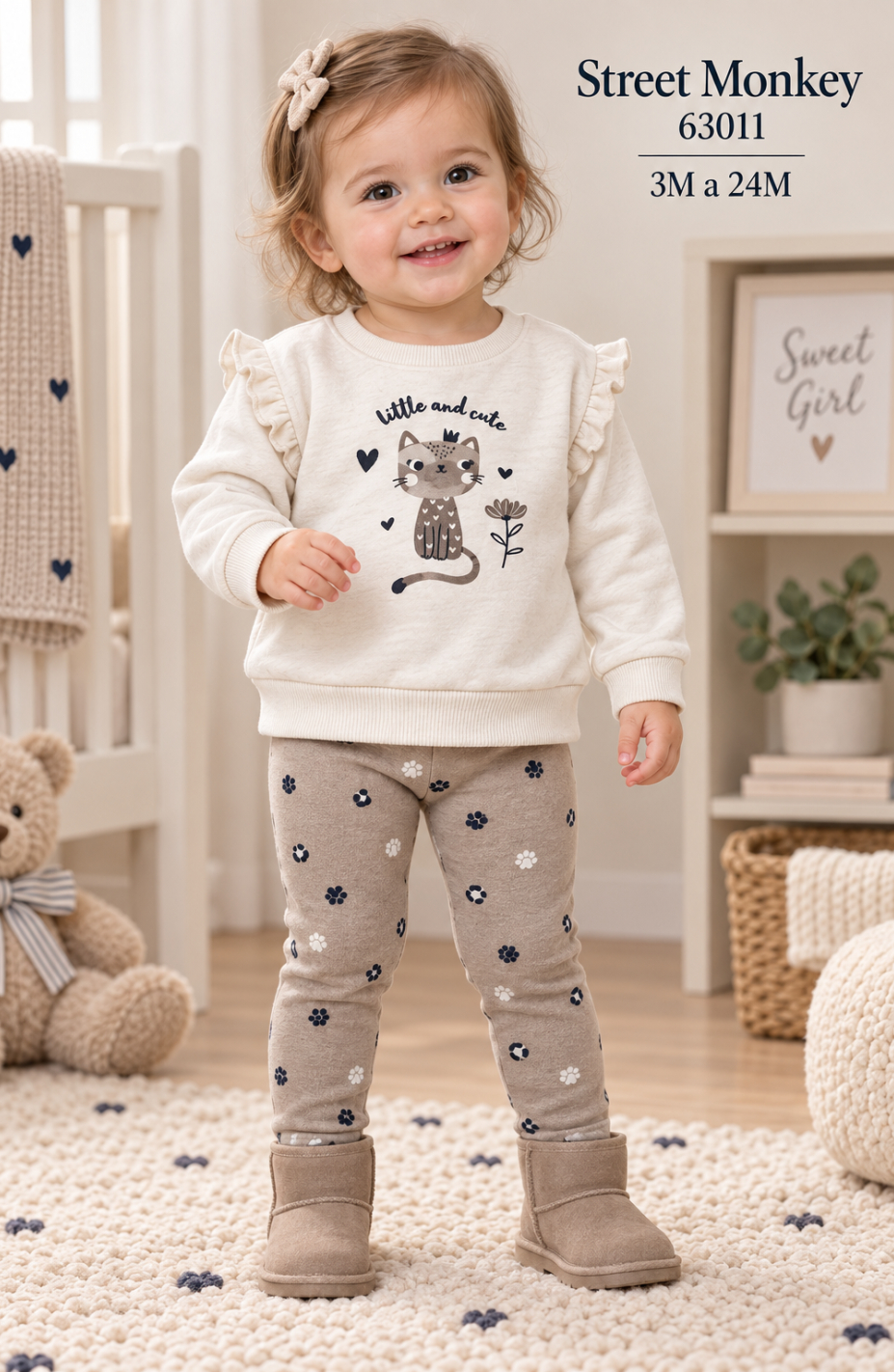Conjunto de bebé niña de dos piezas con sudadera cruda de gatito con volantes y legging estampado Street Monkey Referencia 622163011 (Modelo 63011)
