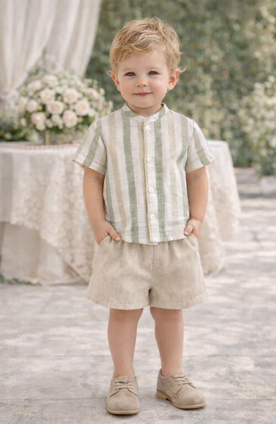 Conjunto Bebé Niño Camisa de Rayas y Bermuda de Lino Creaciones Baby Ferr 622026303 – Hecho en España