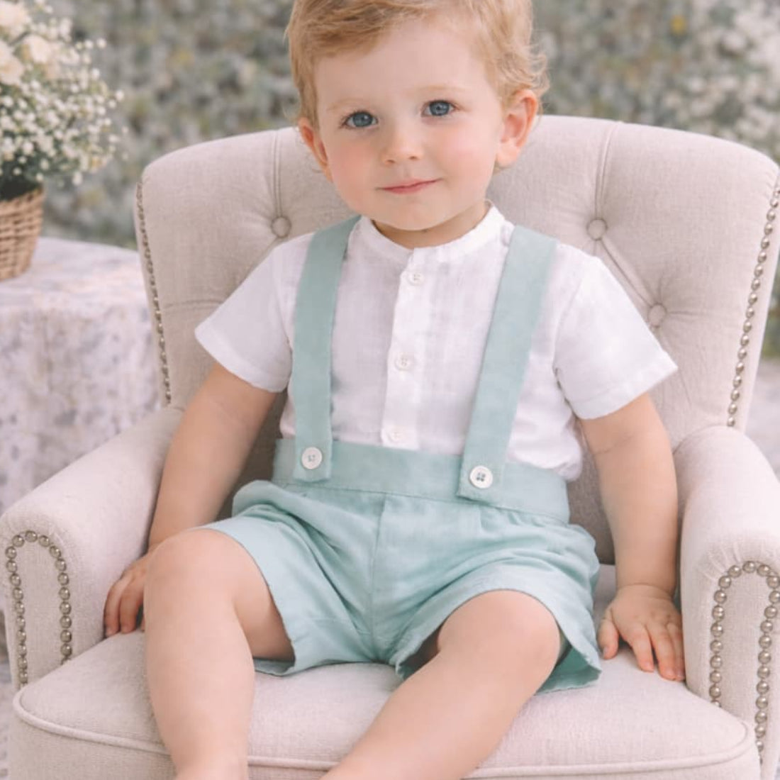 Conjunto bebé niño con peto verde agua y camisa blanca · Algodón · Creaciones Baby Ferr 622026323 Fabricado en España (6–36 meses)