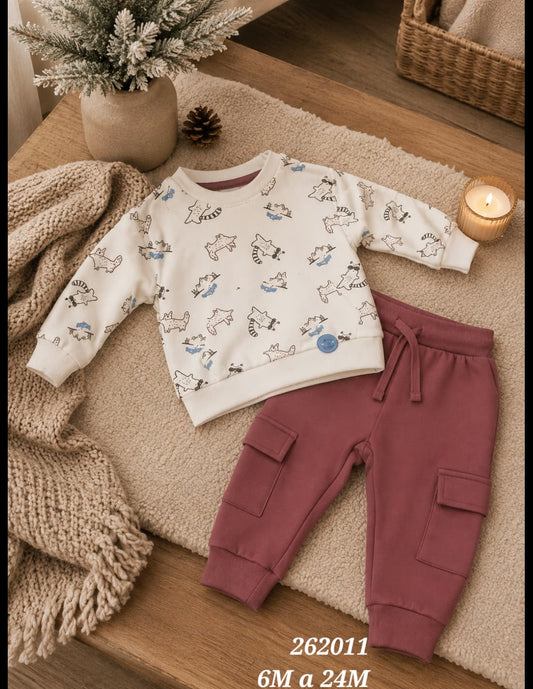 Conjunto de bebé de dos piezas con sudadera estampada de animalitos y pantalón cargo malva Babybol Referencia 262011