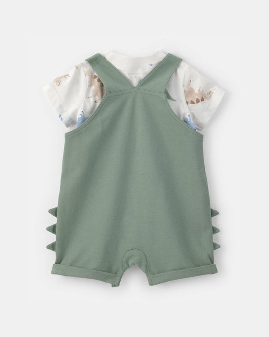 Conjunto dos piezas de algodón con peto corto y camiseta diseño dinosaurio