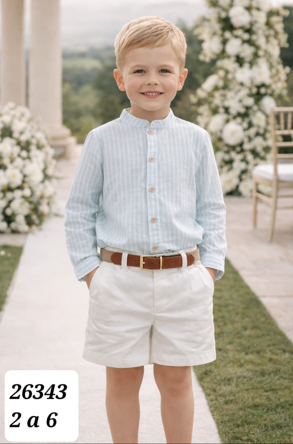 Conjunto infantil blanco con camisa rayas azul y cinturón Baby Ferr 26343 (2 a 6 años)