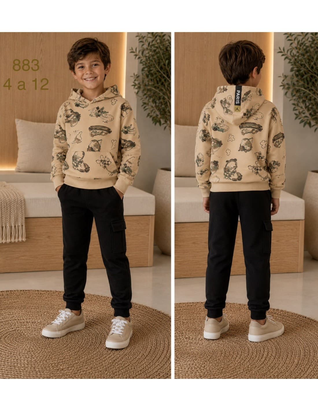 Conjunto infantil de niño con sudadera estampada con capucha y pantalón jogger cargo 622100883