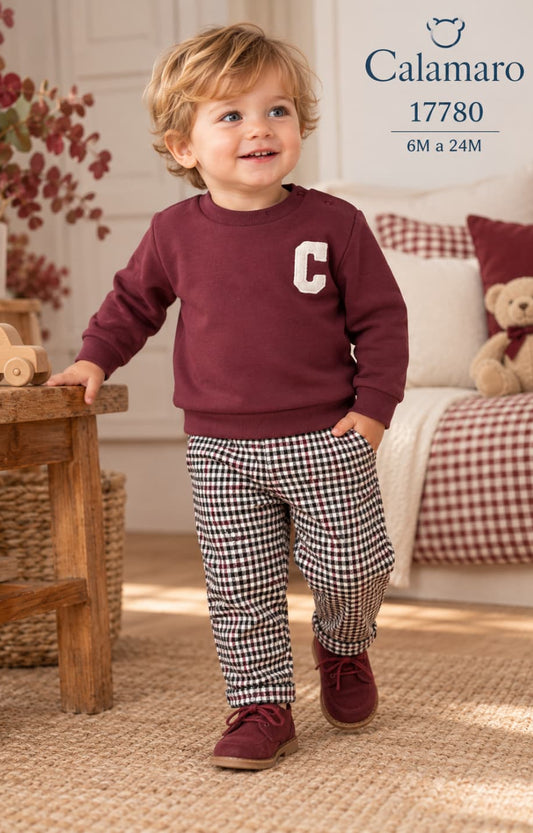 Conjunto para bebé niño con sudadera burdeos y pantalón largo a cuadros Calamaro 221117780 (Modelo 17780)