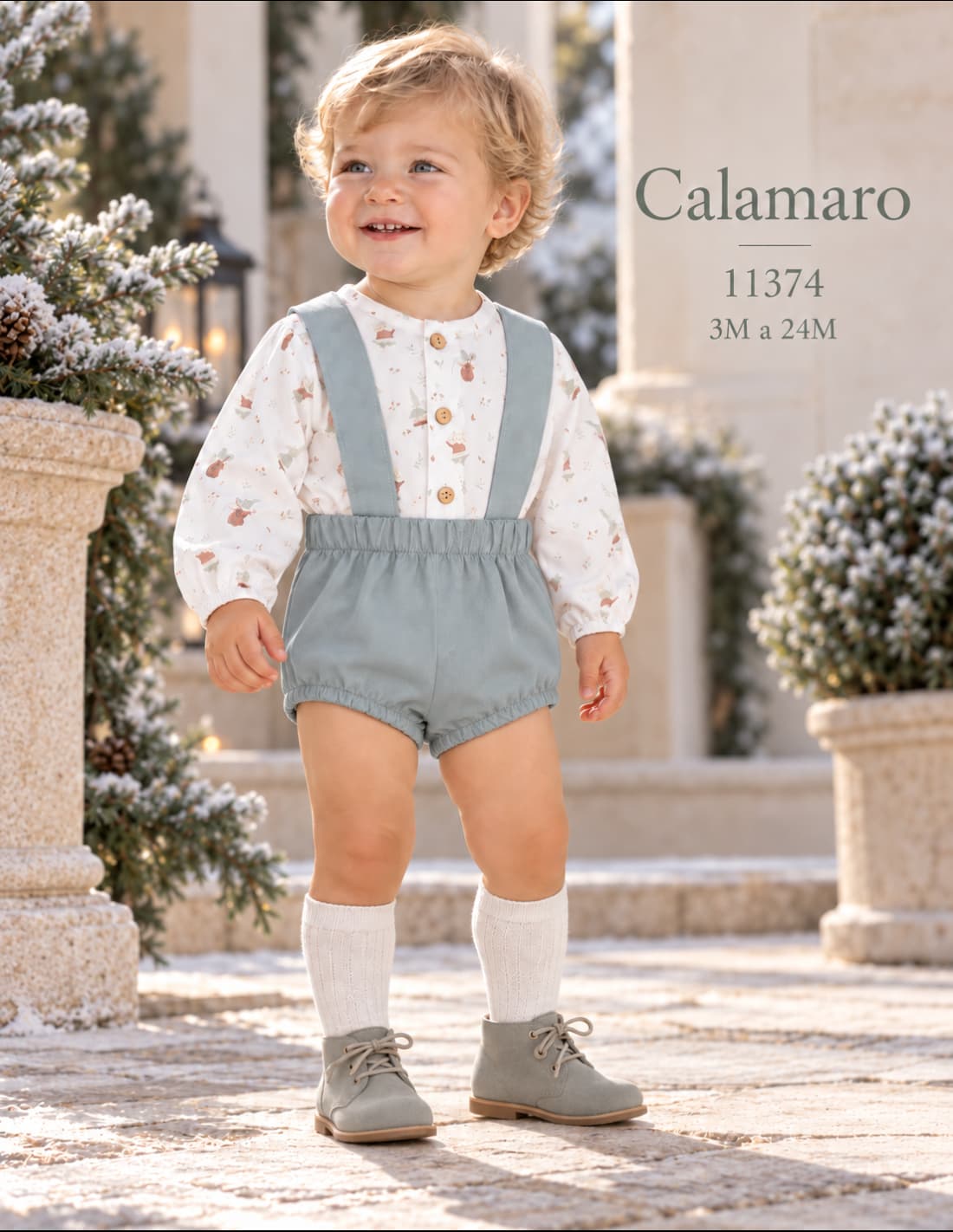 Conjunto para bebé niño con camisa estampada y pololo con tirantes verde empolvado Calamaro Arosa 621111374 (Modelo 11374)