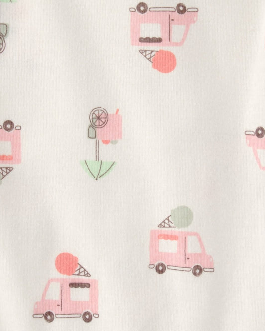 Conjunto tres piezas de algodón con camiseta, body y pantalón corto con diseño camiones de helado