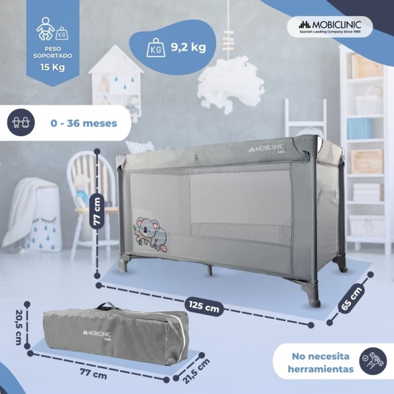 Cuna de viaje Mofli gris Plegable, portátil y segura Con bolsa de transporte Mobiclinic