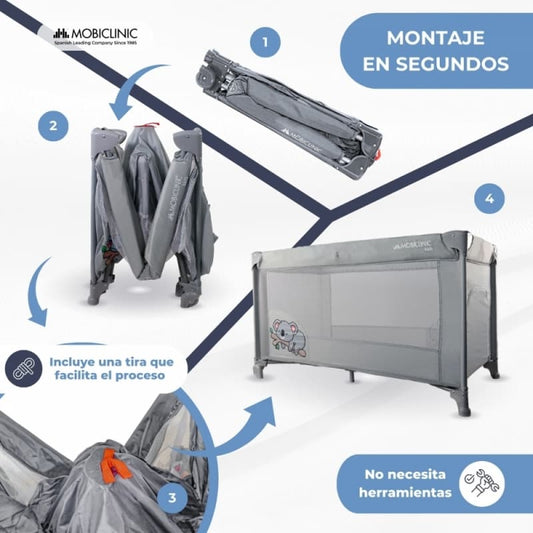 Cuna de viaje Mofli gris Plegable, portátil y segura Con bolsa de transporte Mobiclinic