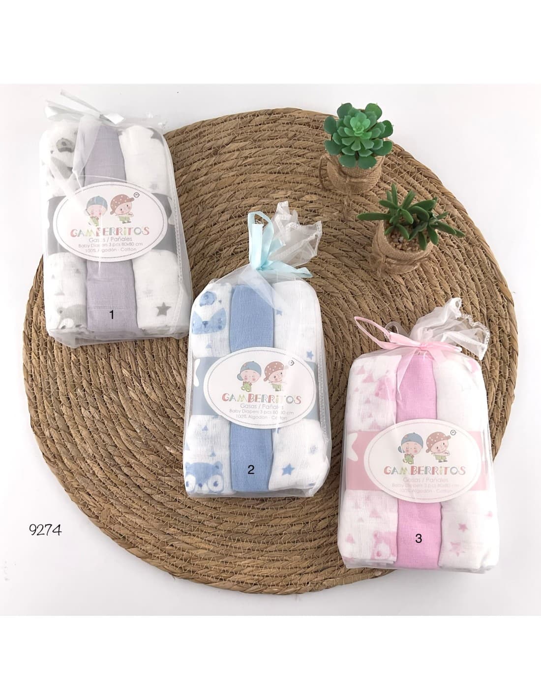 Pack de 3 gazes para bebé Gamberritos 161009274 100% algodão macio e respirável