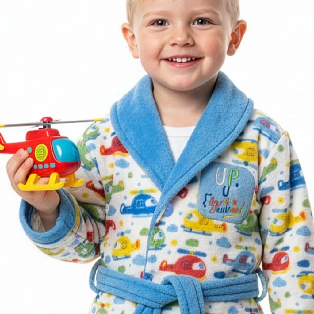 Bata infantil para niño en coralina estampada con coches y cuello azul Kinanit KN8038W26