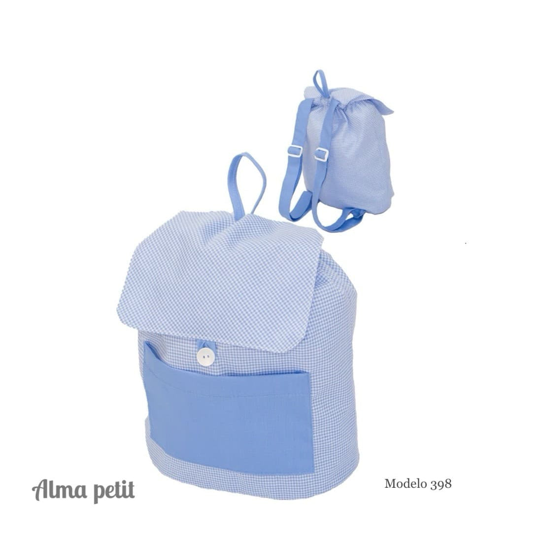 Sac à dos enfant bleu Vichy avec poche – Alma Petit Colegiales - Réf. 229800398