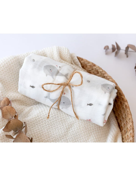 Mousseline bébé 120x120 cm imprimé baleine KIOKIDS Tissu bambou et coton