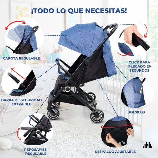 Silla de paseo Trip azul Compacta, ligera y plegable con una mano Mobiclinic