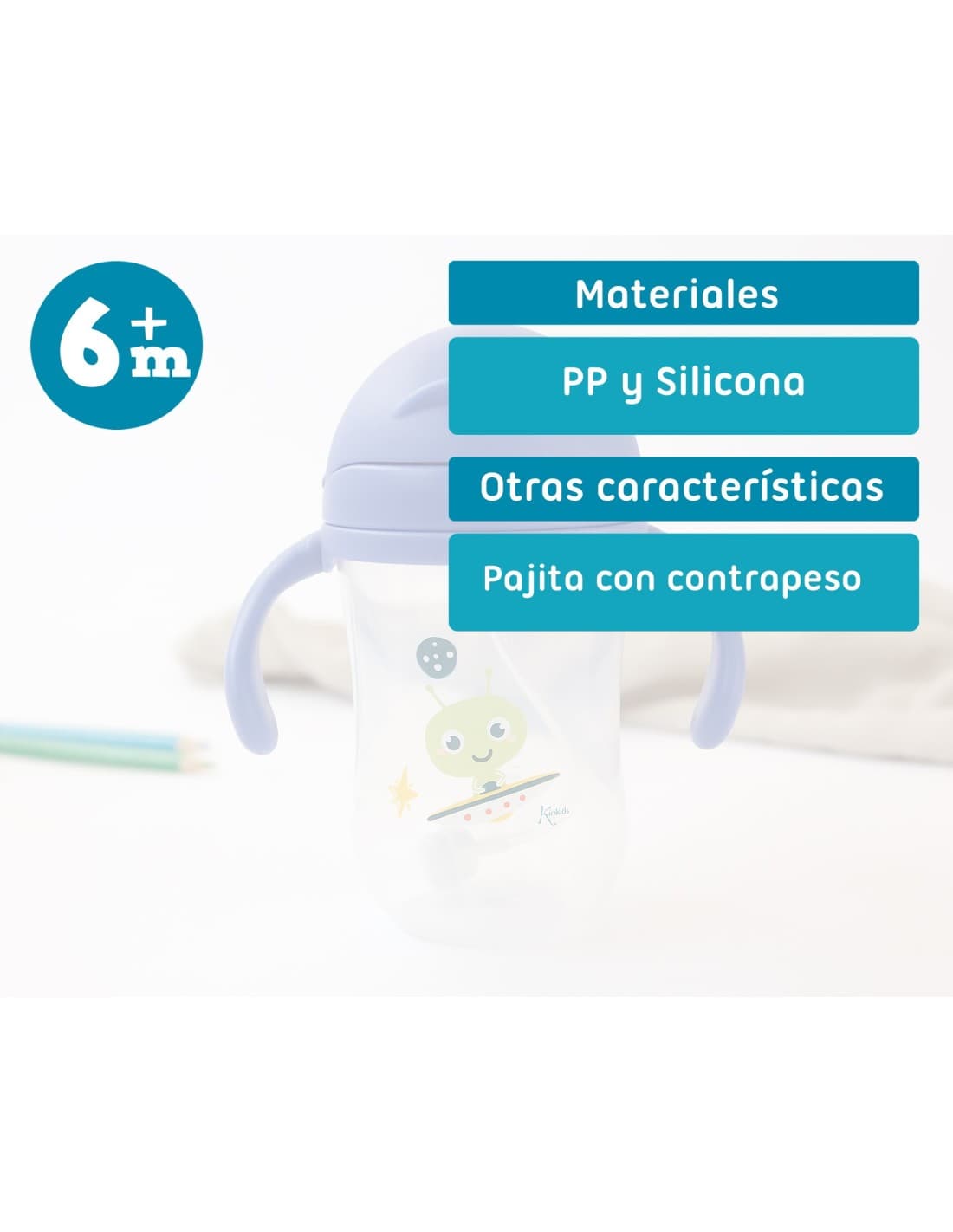 Taza de Aprendizaje KioKids 300 ml azul 521105401 Anticólicos, con pajita y asas desmontables