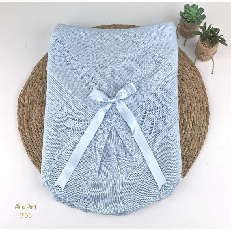 Xaile de lã quadrado para bebé com corações e laço cru (mod. 3366)