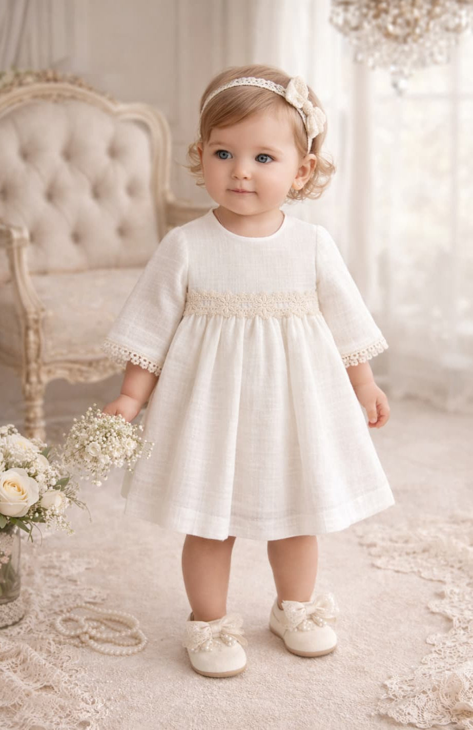 Vestido bebé niña primera puesta blanco con encaje Creaciones Baby Ferr 622026511 · Fabricado en España