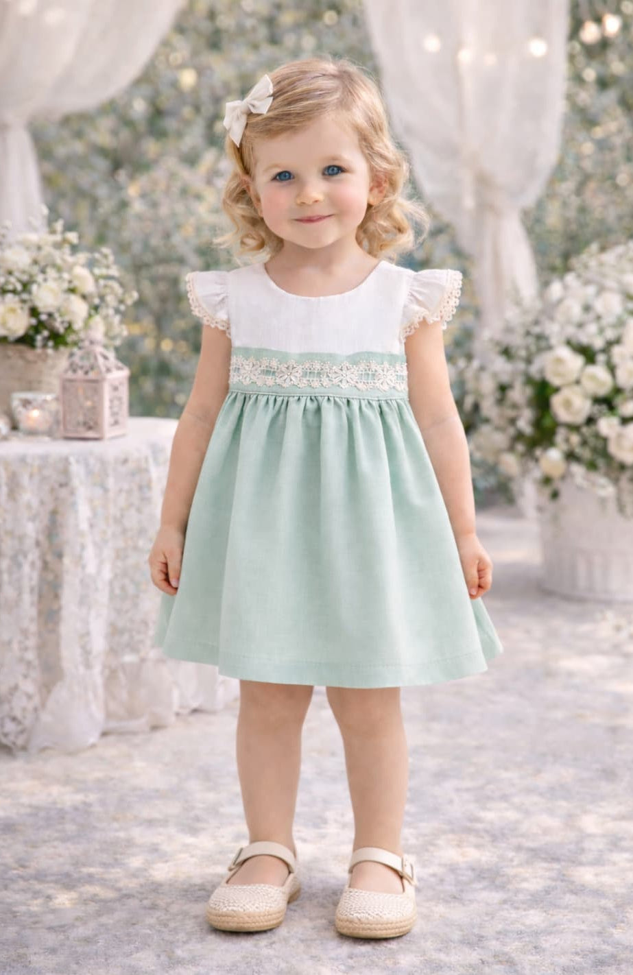 Vestido bebé niña primera puesta verde agua con encaje Creaciones Baby Ferr 622026519 – Fabricado en España