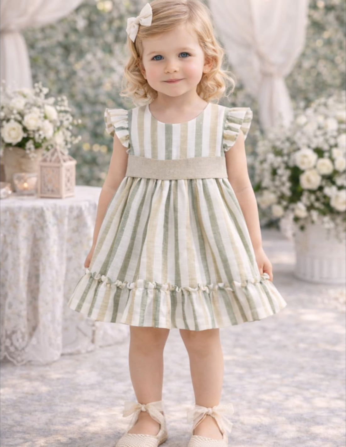 Vestido infantil niña rayas verde y beige · Algodón · Creaciones Baby Ferr 622026561 Hecho en España
