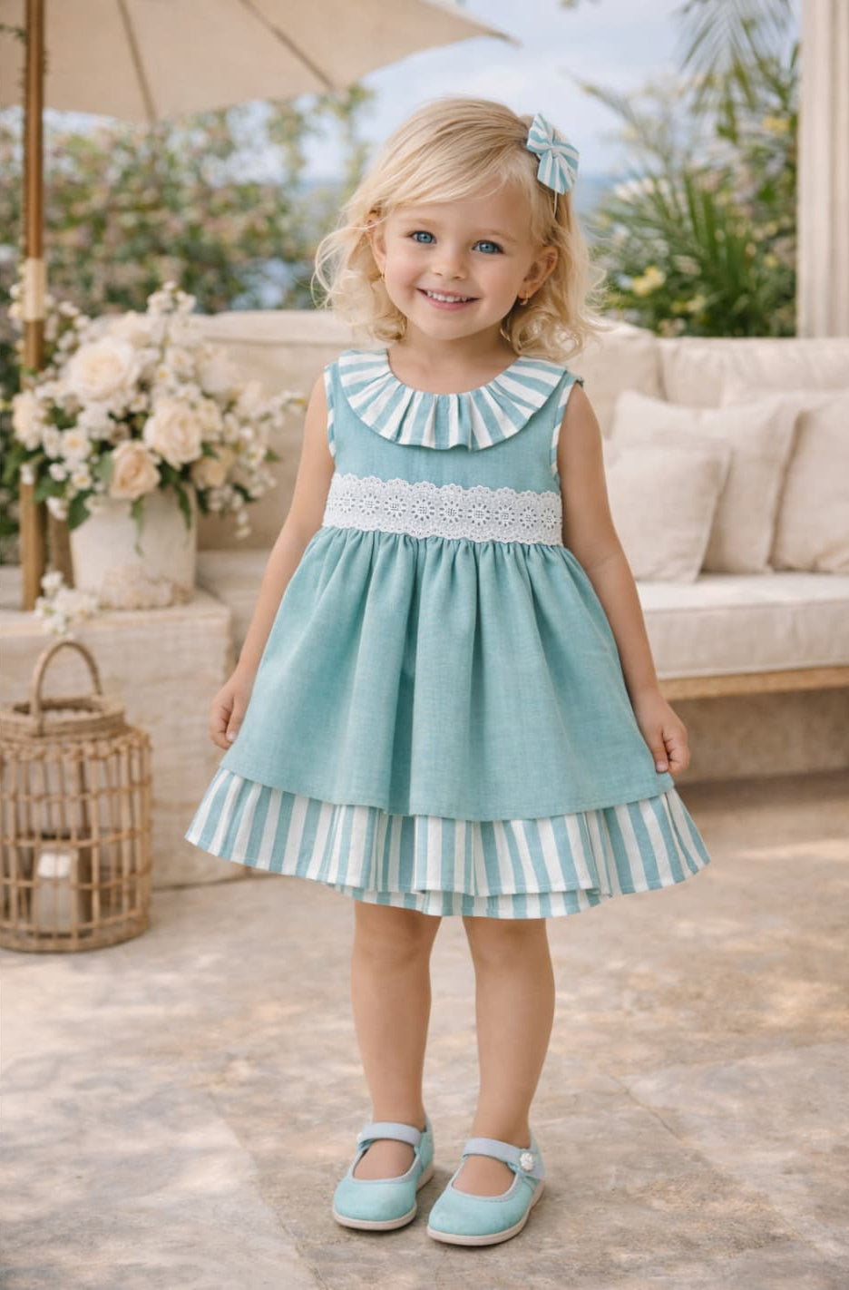 Vestido niña ceremonia verde agua con rayas Creaciones BabyFerr 622026546 – Hecho en España