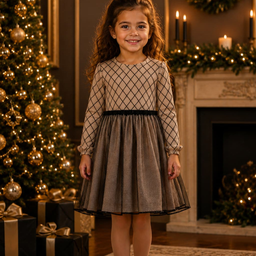 Vestido de fiesta para niña con cuerpo de rombos y falda de tul Alber Confecciones Referencia 324106222 (Modelo 6222)