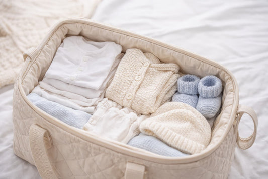 Bolsa maternal abierta con ropa de bebé organizada, incluyendo bodies, conjunto de primera puesta, gorrito y patucos preparados para el hospital.