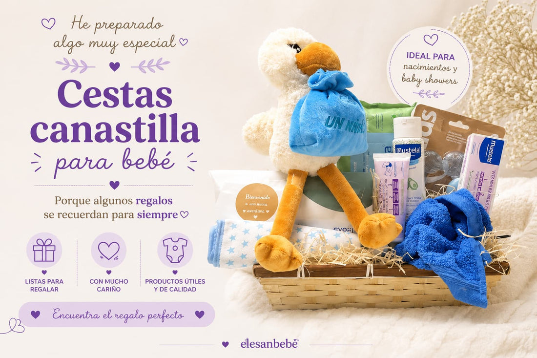 Cesta canastilla para bebé con productos de cuidado e higiene, ideal como regalo para recién nacidos, baby showers y futuras mamás.