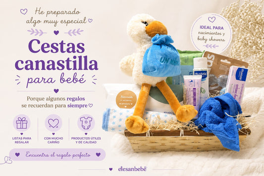 Cesta canastilla para bebé con productos de cuidado e higiene, ideal como regalo para recién nacidos, baby showers y futuras mamás.