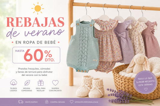 Rebajas de verano en ropa de bebé de elesanbebé con conjuntos de primera puesta, vestidos fresquitos y hasta un 60% de descuento.