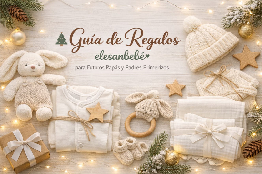 Guía de regalos para bebés con ropa, juguetes suaves y accesorios en tonos neutros, decoración navideña.