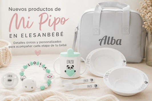 Productos personalizados de Mi Pipo en elesanbebé: bolso maternal, vajilla infantil y chupetero para bebé en tonos suaves.