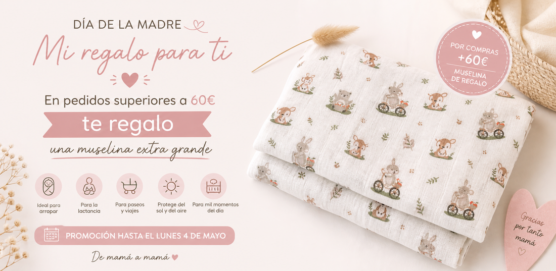 Muselina extra grande para bebé con estampado de animales, regalo por el Día de la Madre en pedidos superiores a 60€ hasta el 4 de mayo en elesanbebé.