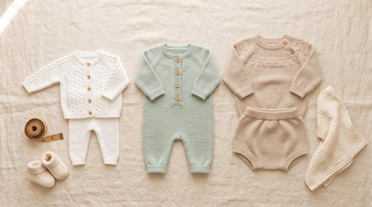 Comparación de tallas de ropa para recién nacido (talla 0, 1 y 3 meses) en conjuntos de punto de algodón de elesanbebé.
