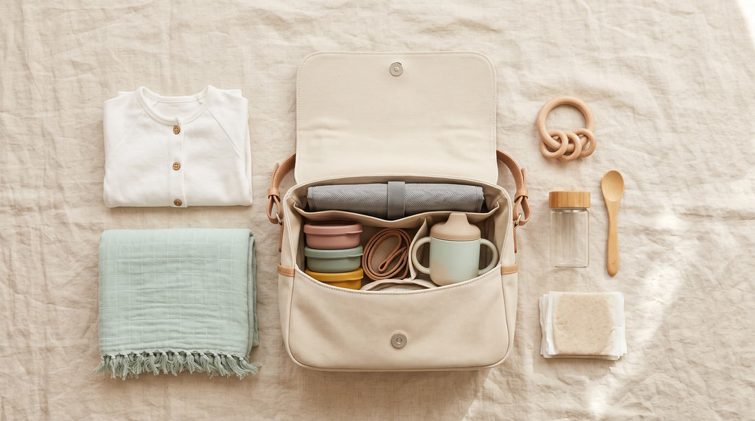 Bolso organizador de carrito abierto con muda de algodón, muselina, cambiador plegable y accesorios de paseo para bebé de elesanbebé.