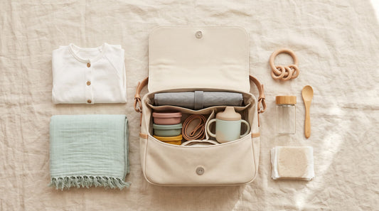Bolso organizador de carrito abierto con muda de algodón, muselina, cambiador plegable y accesorios de paseo para bebé de elesanbebé.