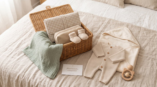 Selección de regalos de baby shower en una cesta de mimbre: conjunto de punto de primera puesta, capa de baño, muselina, cambiador de viaje y patucos en tonos neutros y empolvados de elesanbebé.