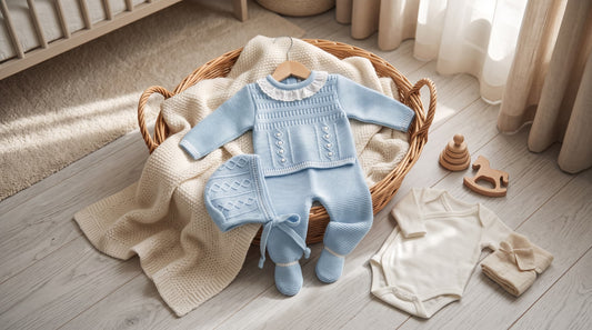 Conjunto de punto celeste para bebé recién nacido con jubón, capota, polaina y body blanco en una cesta de mimbre.