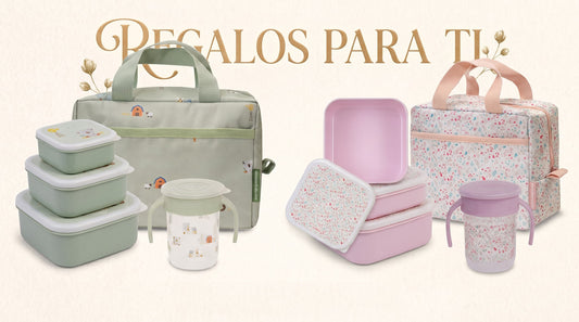 Regalos de cumpleaños en elesanbebe.com: sets de bolsa térmica, tuppers y vaso antigoteo para bebé en modelos Koala y Pétalos.