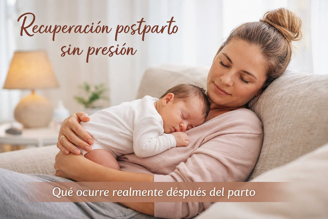 Madre con su bebé recién nacido descansando en casa durante las primeras semanas del postparto.