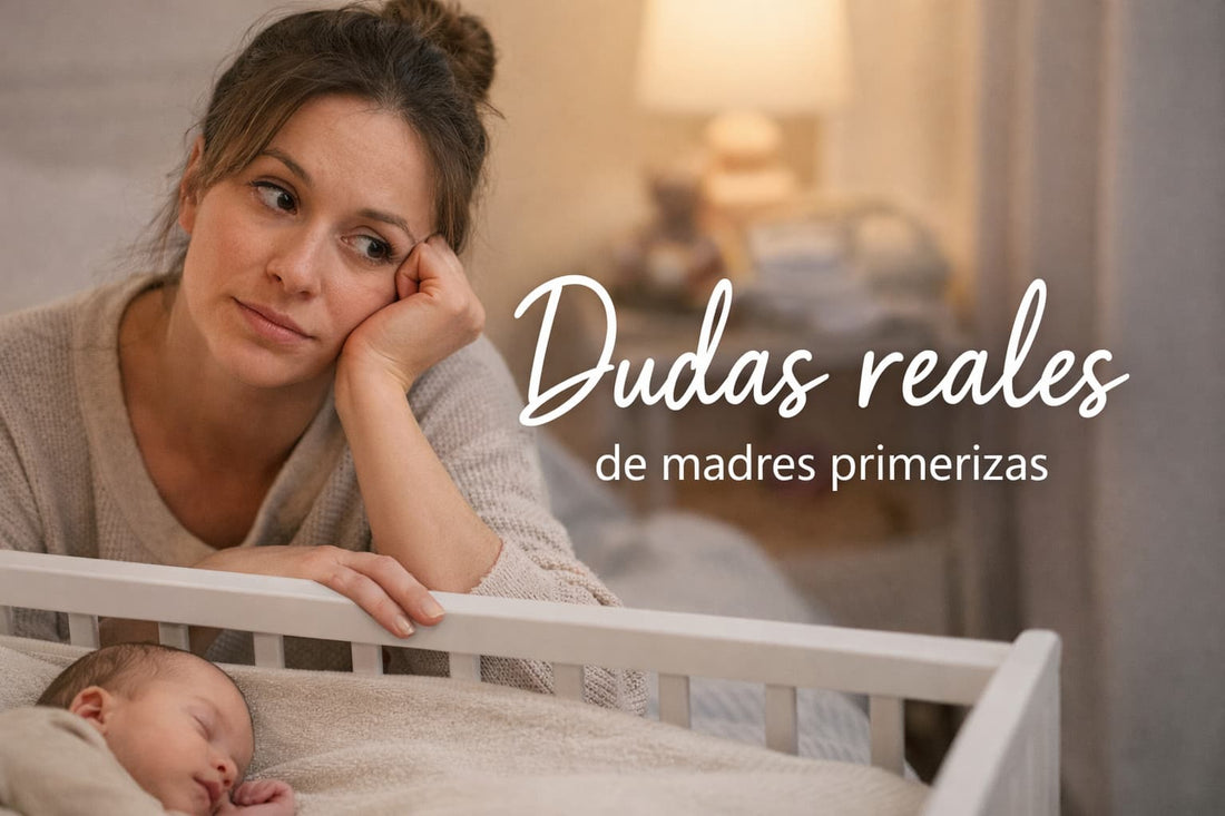 Madre primeriza junto a su bebé recién nacido en una cuna, en un ambiente cálido y tranquilo, representando las dudas reales de los primeros días con un recién nacido.