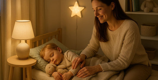Una madre acaricia con ternura a su hijo dormido en una habitación cálida y acogedora, iluminada por una luz suave y decorada al estilo nórdico.