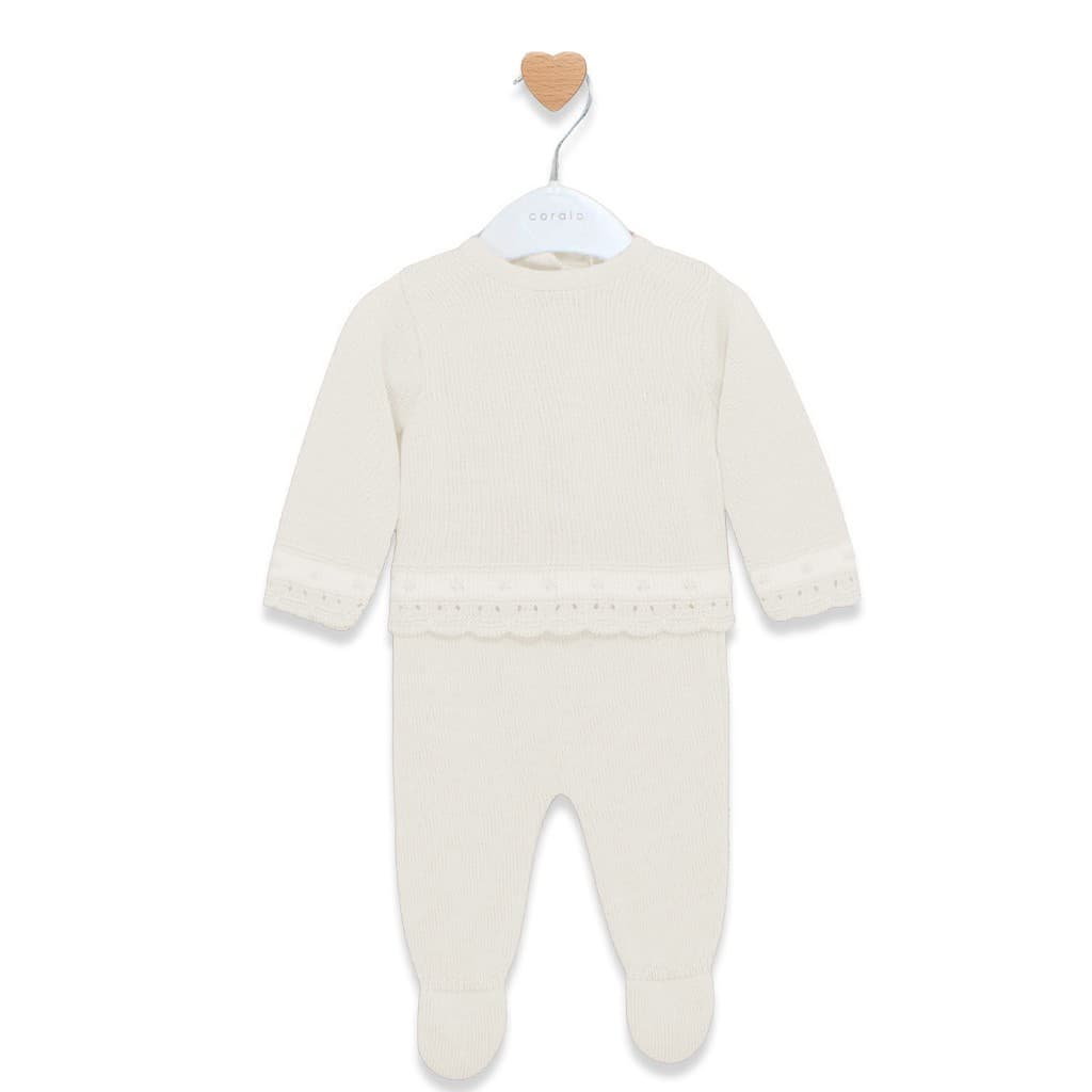 Conjunto de lã para bebé de 3 peças, riscas brancas e bege, 3315 La Casita de Pepito (0 a 3 meses)