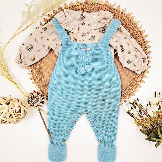 Conjunto bebé Visi Peto de punto azul con borlas y blusa con conejitos 0 a 6 meses 10112