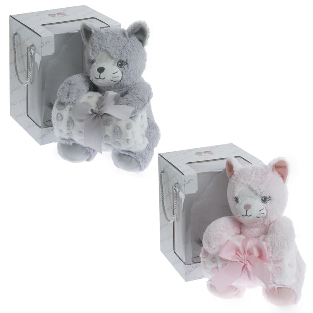 Peluche gatito con manta de coralina a juego Gamberritos 10880 – Calidez, suavidad y un compañero perfecto para el bebé