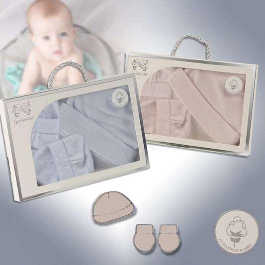 Set de regalo para recién nacido con gorrito y manoplas en bambú y algodón Gamberritos 10976 – Suavidad natural para su primera puesta