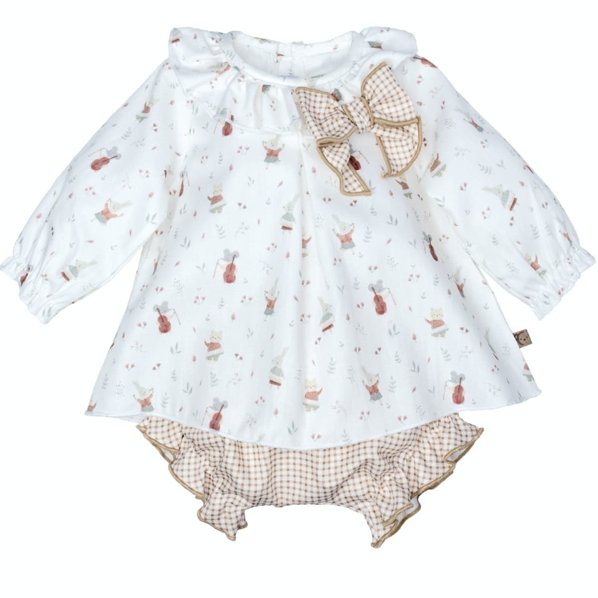 Jesusito para bebé niña estampado 100% algodón con lazo vichy y braguita con volante Calamaro Arosa 621122126 (Modelo 22126)