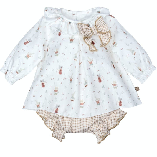 Jesusito para bebé niña estampado 100% algodón con lazo vichy y braguita con volante Calamaro Arosa 621122126 (Modelo 22126)